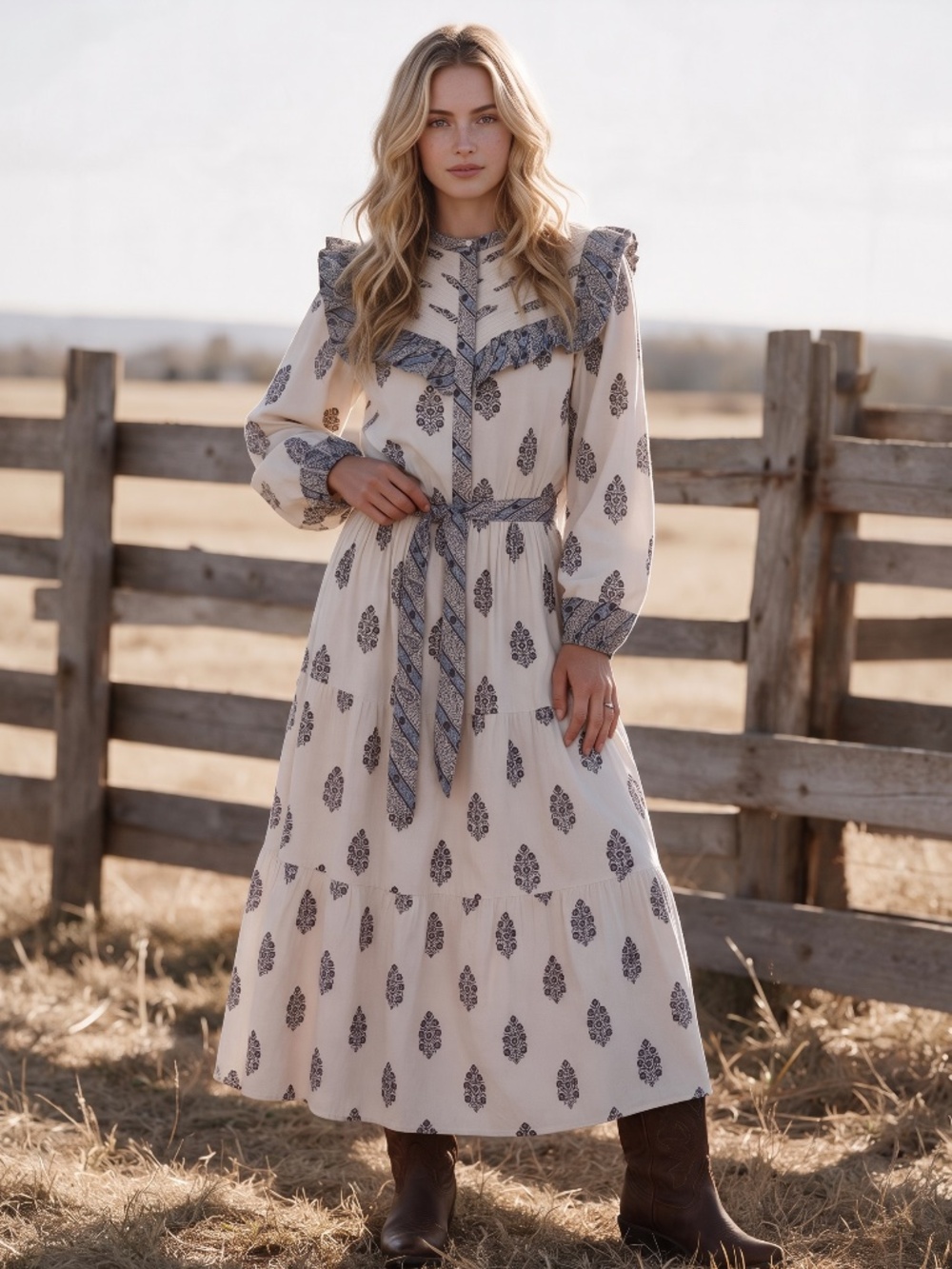 Sonmer Jane Cream Maxi Dress with Blue Floral Print and Ruffled Yolk Size Small